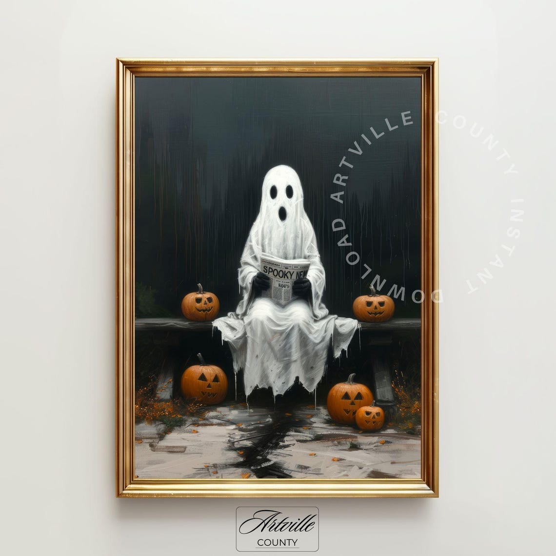 Ghost Reading Spooky News Halloween Pumpkin Bench Gothic Poster