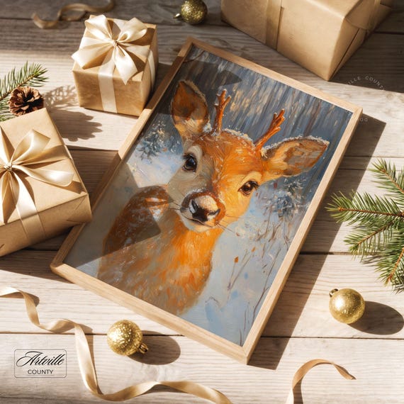 Cute Reindeer Wall Art Vintage Winter Animal Print Adorable Deer Painting Snowy Landscape Christmas Nursery Decor