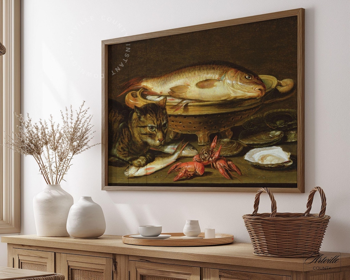 Cat And Seafood Still Life, Vintage Art Print