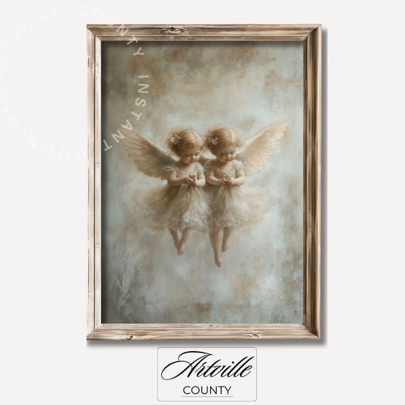 Adorable Angels Wall Art Cute Angel Girls Print Neutral Nursery Decor Vintage Angels Art Cute Kids Painting