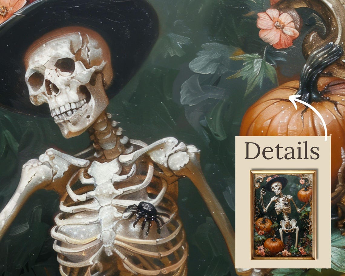 Skeleton Witch Taking Selfie Among Pumpkins Dark Floral Poster - Image 2