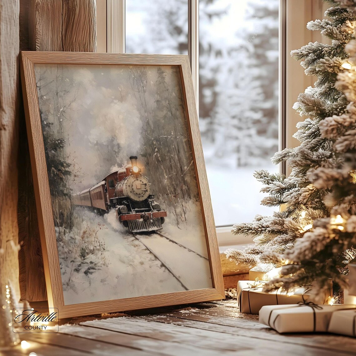 Vintage Christmas Train Poster Print, Winter Landscape