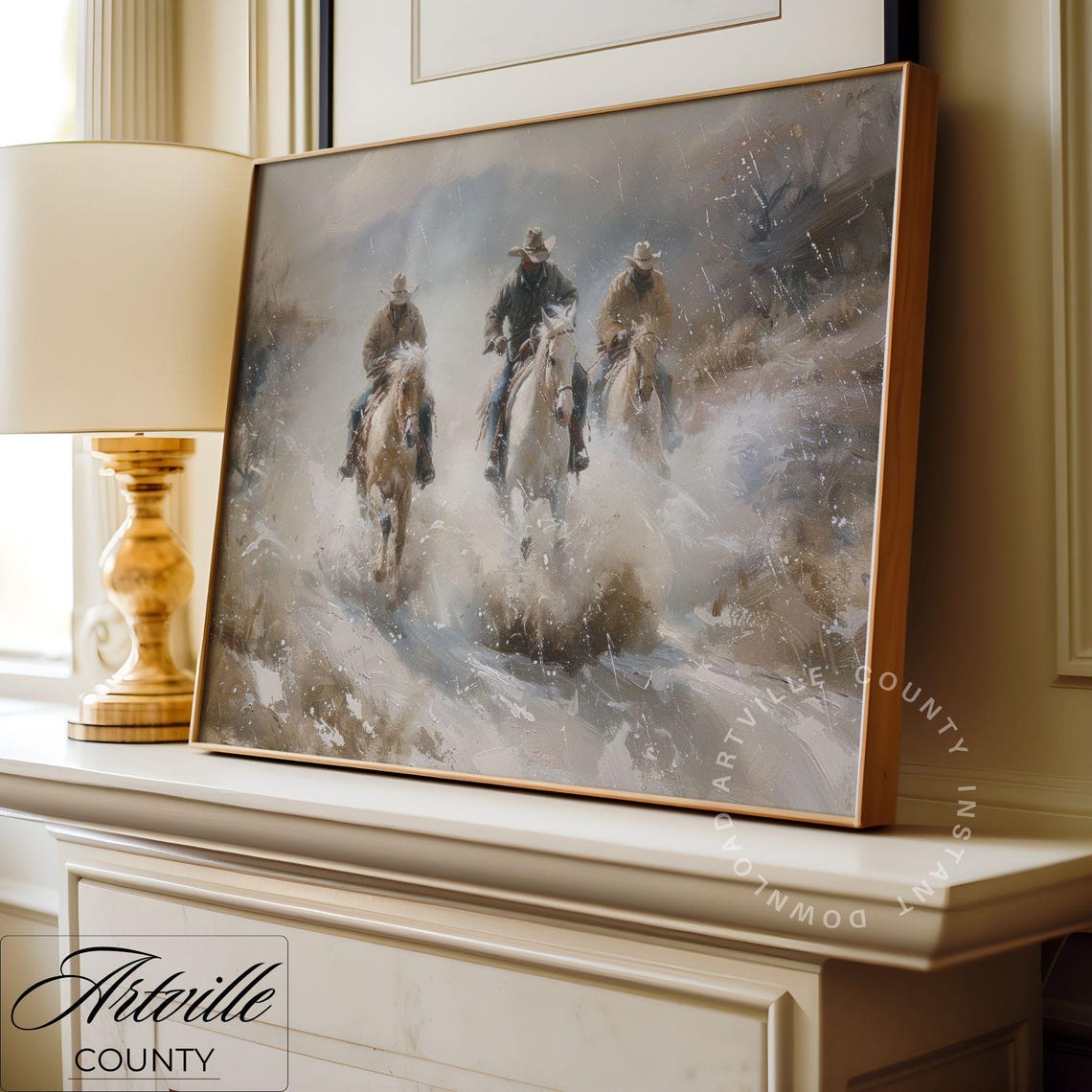 Three Cowboys Riding Horses Through A River Western Wall Poster - Image 3