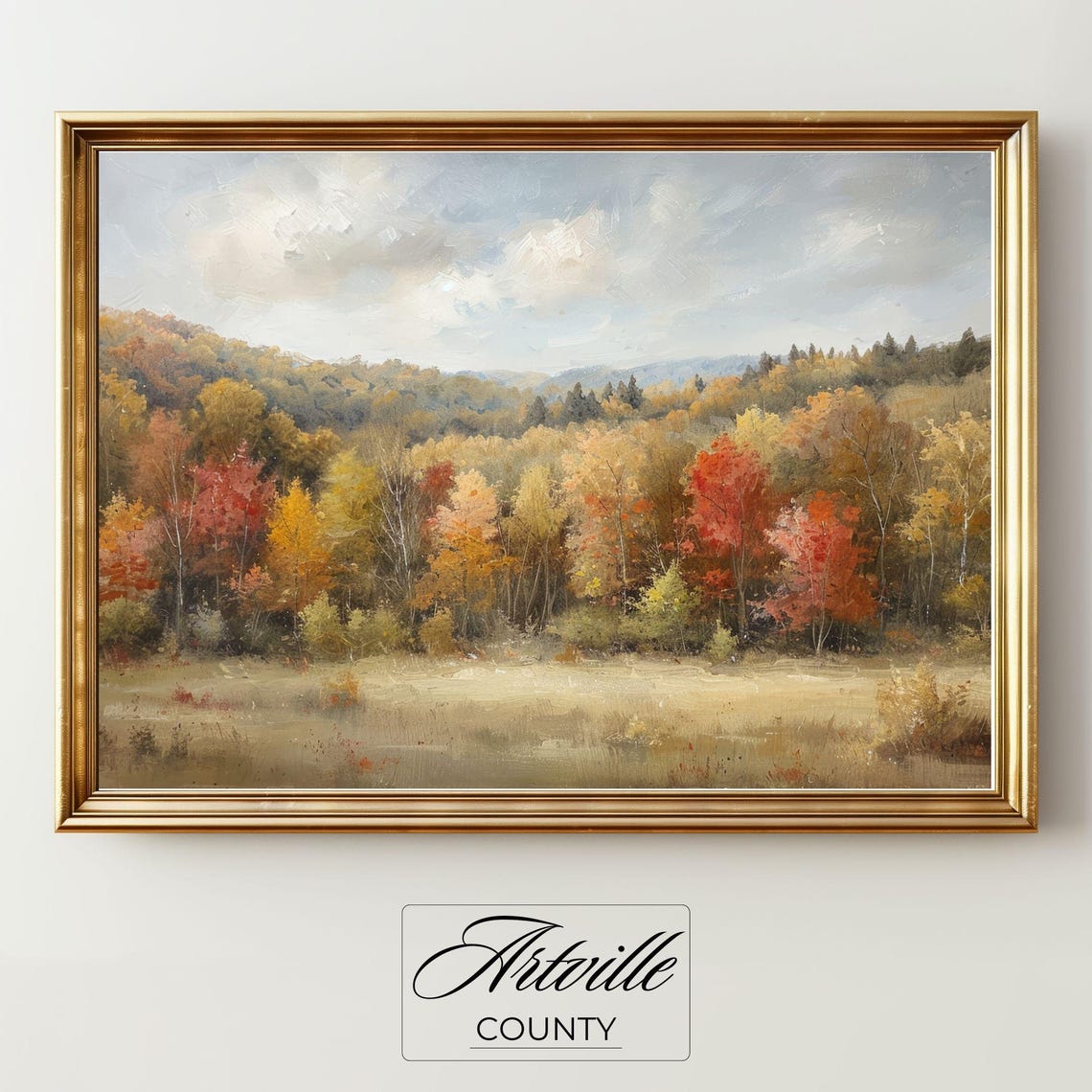 Golden Autumn Forest With Red Maple Trees Fall Landscape Poster
