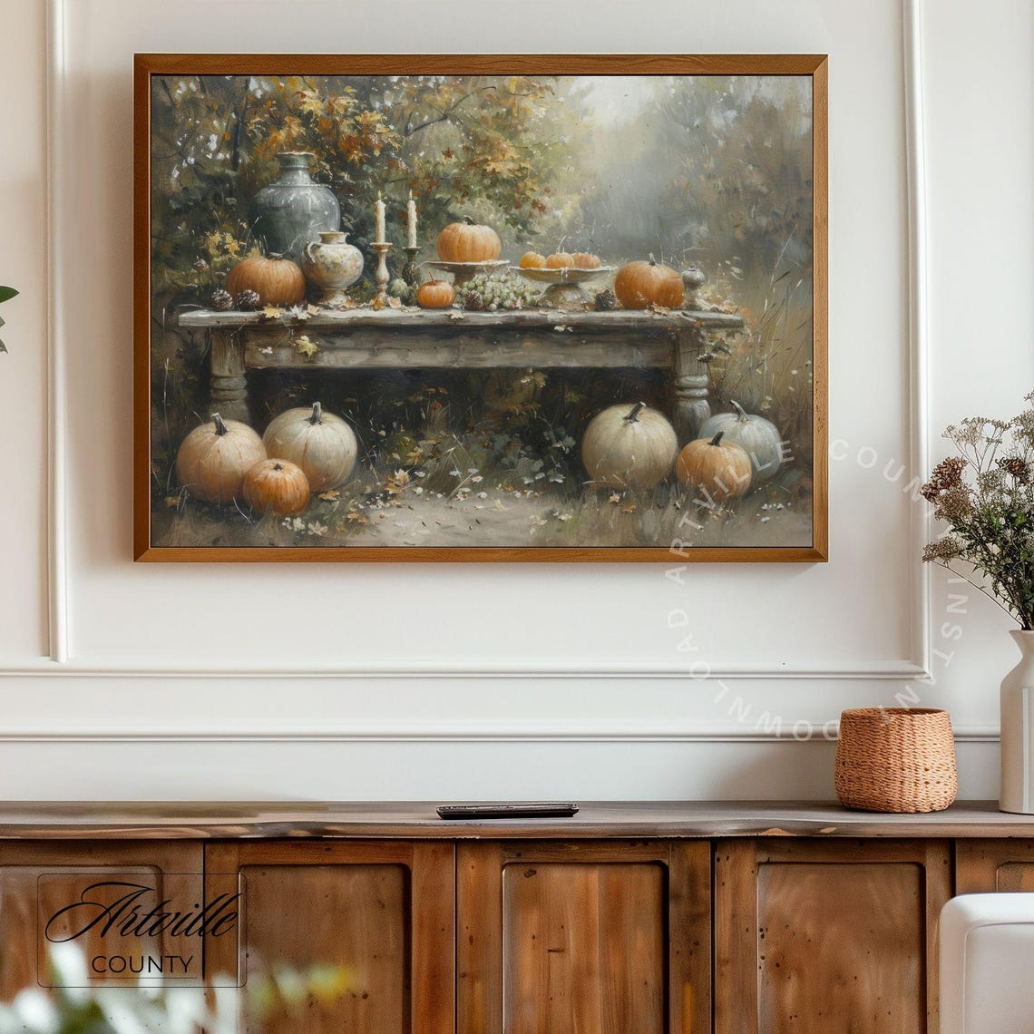 Autumn Harvest Table Outdoors Pumpkins Candles Still Life Poster - Image 5