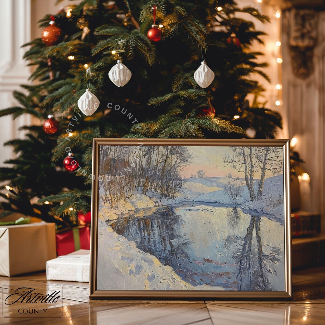 Winter River Sunset Snowy Banks Impressionist Oil Painting Poster - Image 4