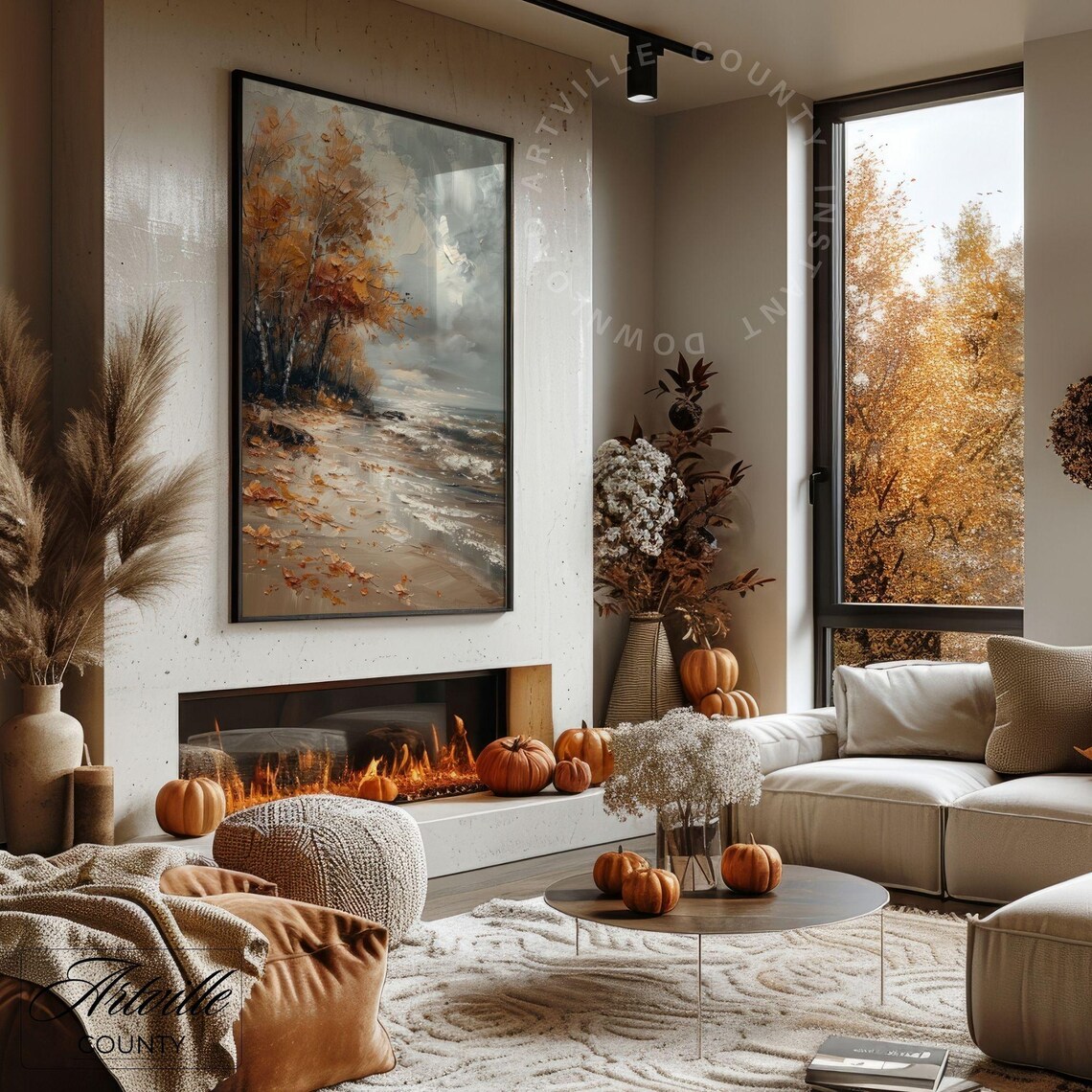 Fall Coastal Landscape Painting, Moody Autumn Seascape - Image 3