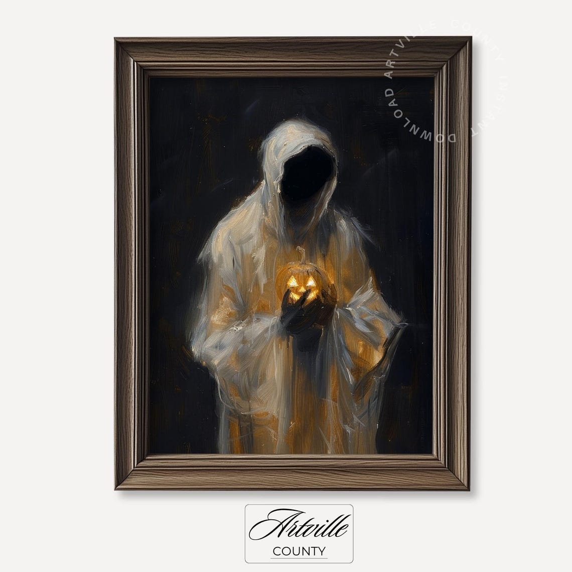 Ghost in Sheet Holding Jack o Lantern Dark Moody Halloween Art Print