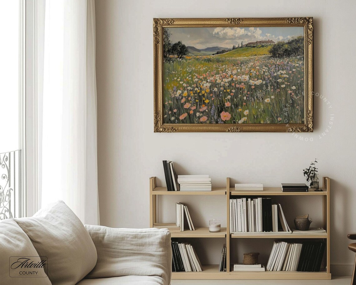 Countryside Floral Landscape Painting, Vintage Farmhouse Art Print