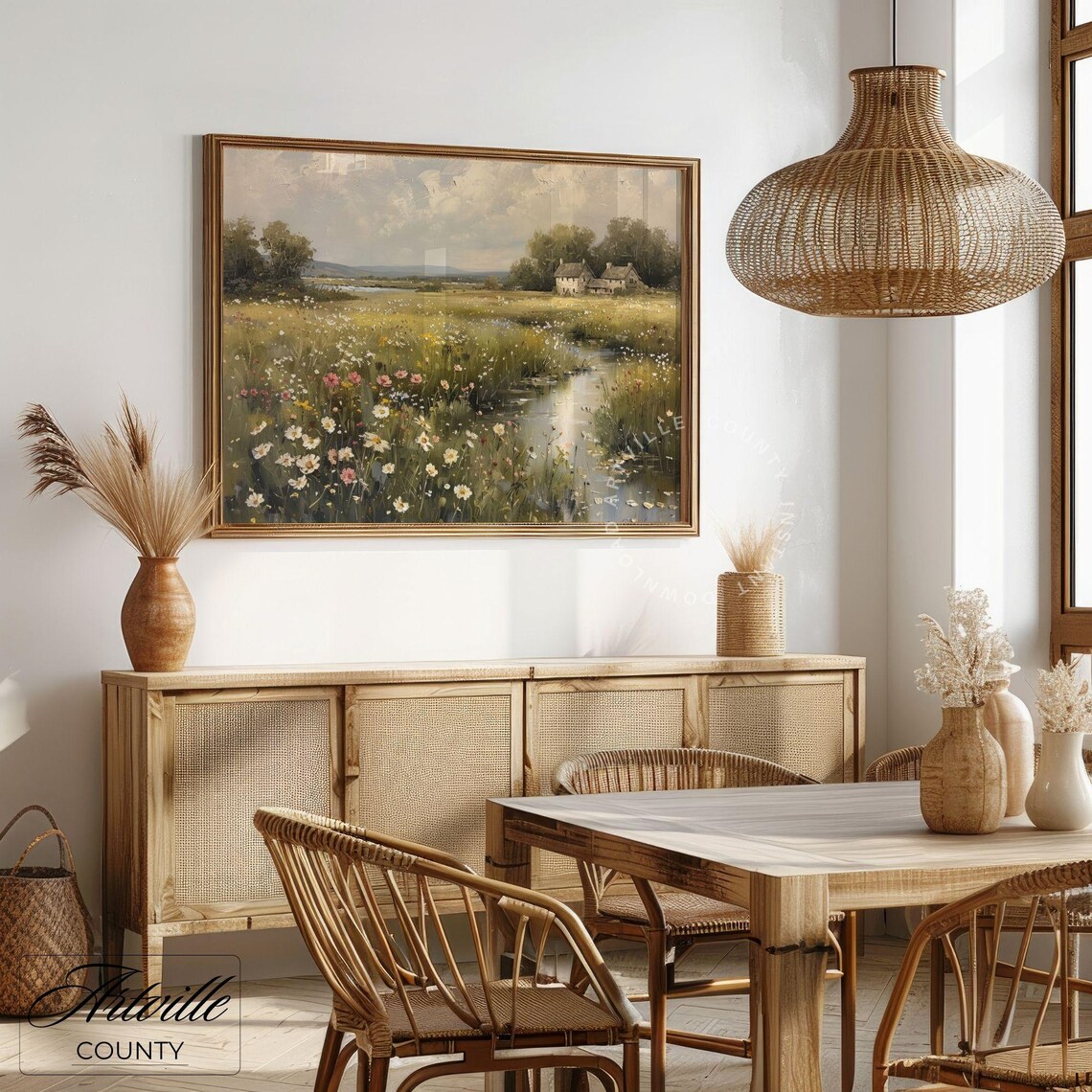 Wildflower Field Landscape Painting, Vintage Cottagecore - Image 3