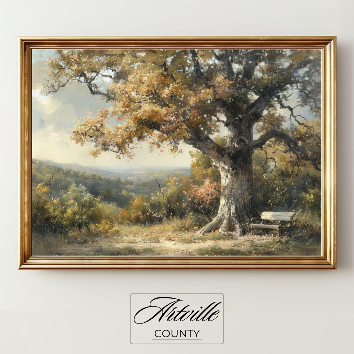 Autumn Oak Tree Painting, Rustic Countryside Landscape