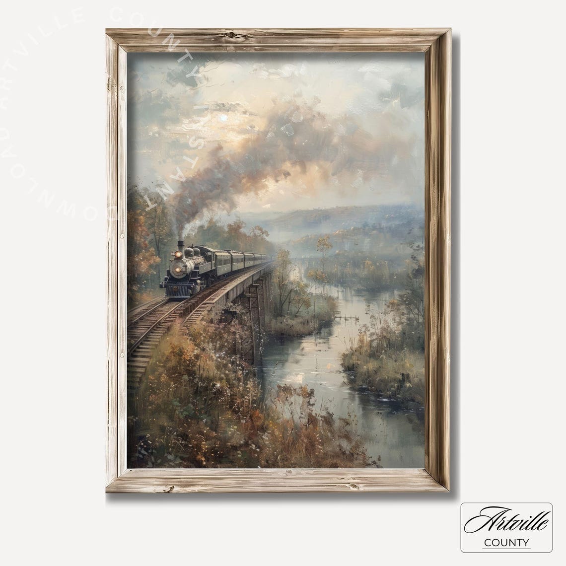 Vintage Steam Train Crossing Stone Viaduct at Sunset Landscape Poster - Image 3