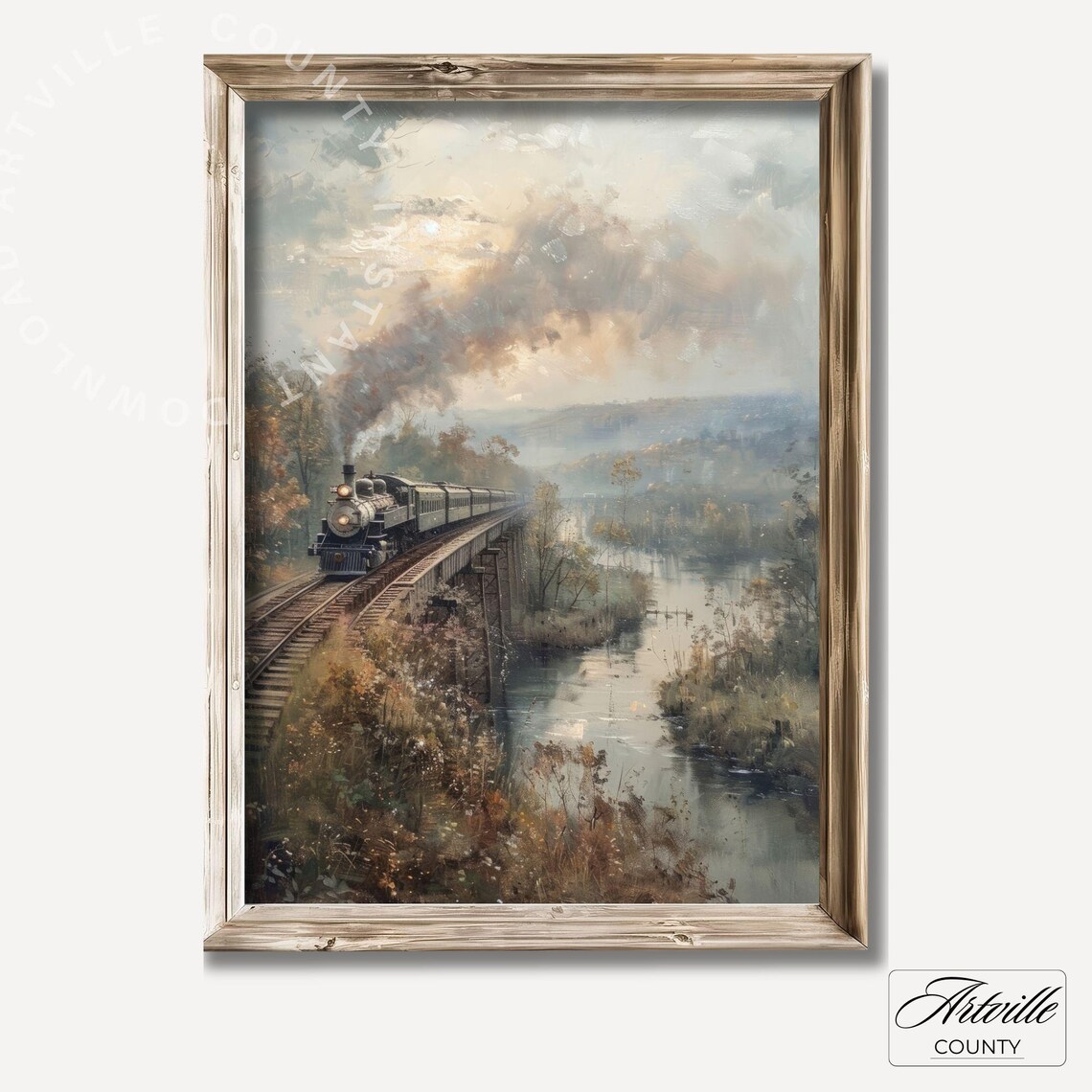 Vintage Steam Train Gallery Wall Set Antique Locomotive Train Prints Countryside Landscape Oil Painting Moody Travel Wall Art - Image 3