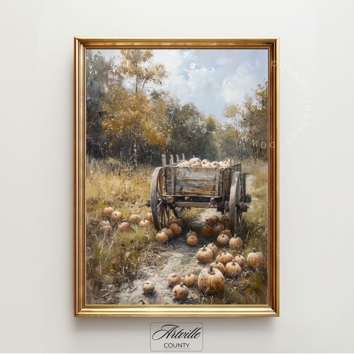 Pumpkin Harvest Cart in Golden Autumn Field Vintage Farm Poster - Image 2