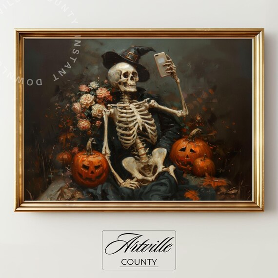 Funny Skeleton Art Print Moody Halloween Wall Whimsigoth Pumpkin Poster Dark Skull Painting Spooky October Decor