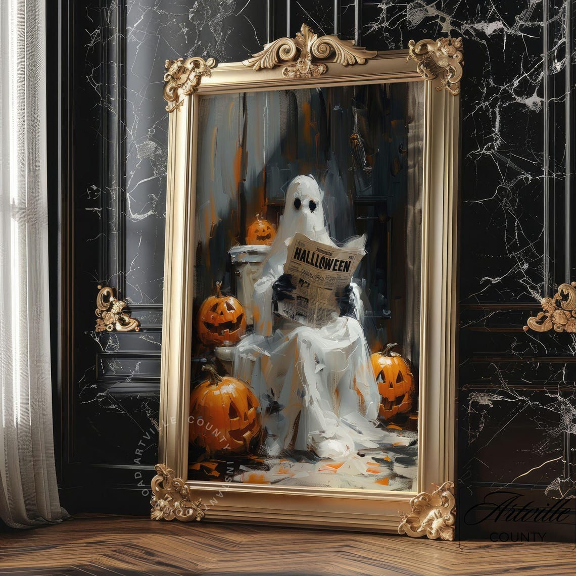 Ghost Reading Spooky News Halloween Pumpkin Bench Gothic Poster - Image 7