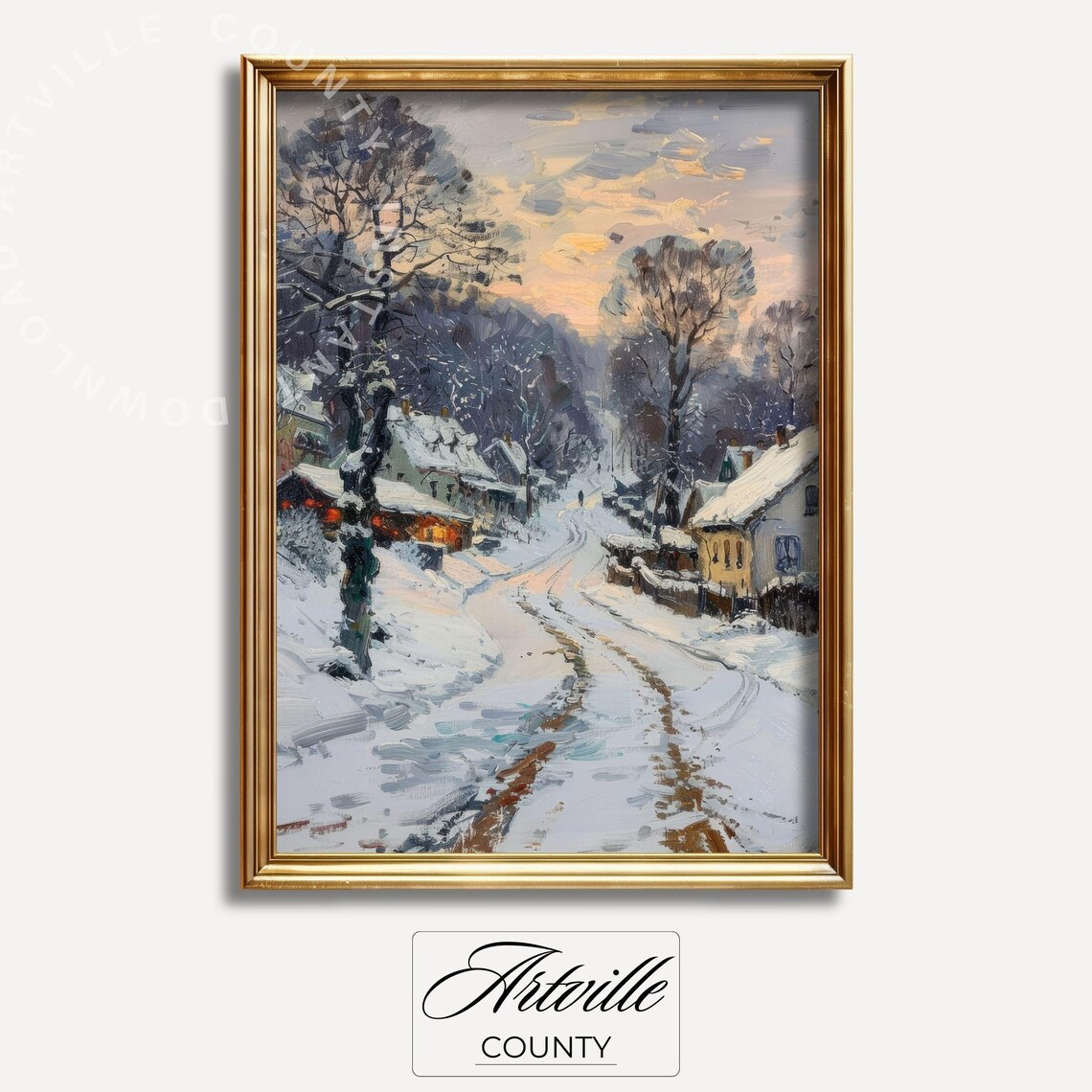 Snowy Village Street Winter Dusk Cottage Lights Oil Painting Poster - Image 2
