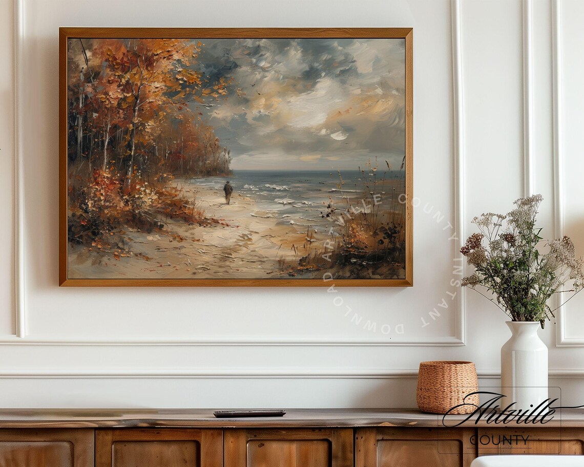 Fall Coastal Landscape Painting Autumn Trees Print Rustic Fall Decor Fall Sea Artwork Moody Coastal Wall Art - Image 5