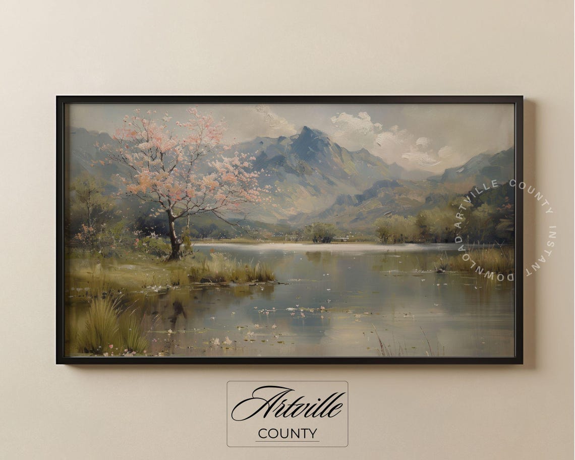 Cherry Blossom Tree by Mountain Lake Spring Landscape Poster - Image 3