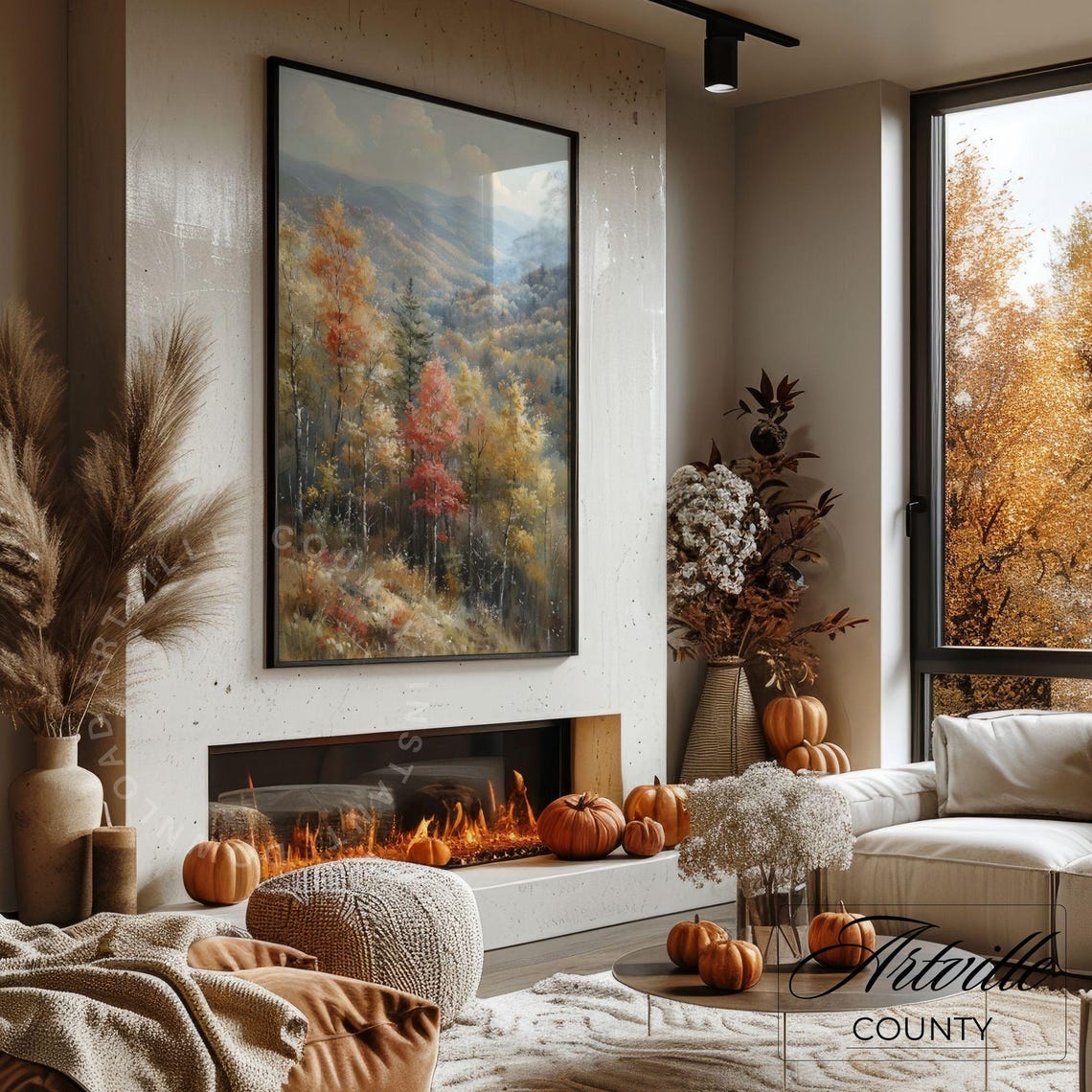 Autumn Mountain Valley Fall Trees Panoramic Landscape Painting Poster - Image 3