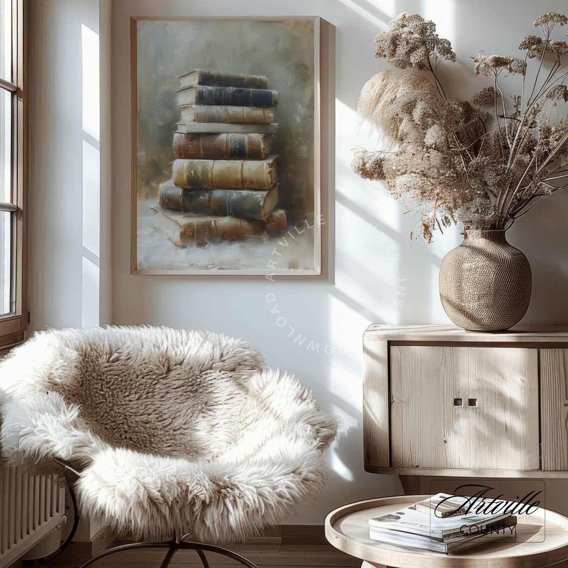 Vintage Books Oil Painting, Rustic Study Decor - Image 4