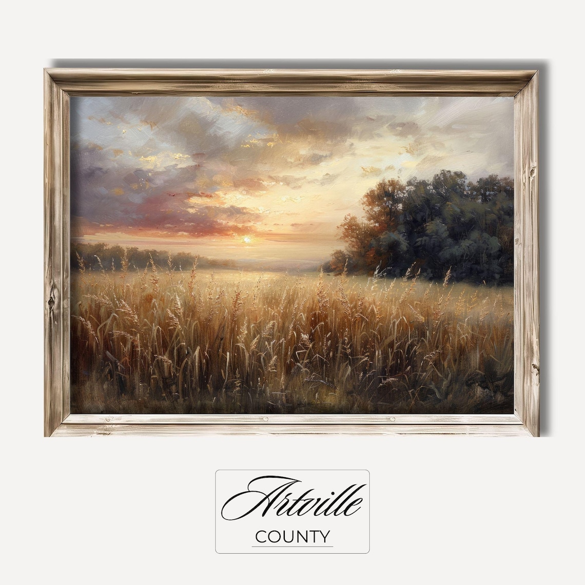 Vintage Country Landscape Painting, Rustic Autumn Sunset
