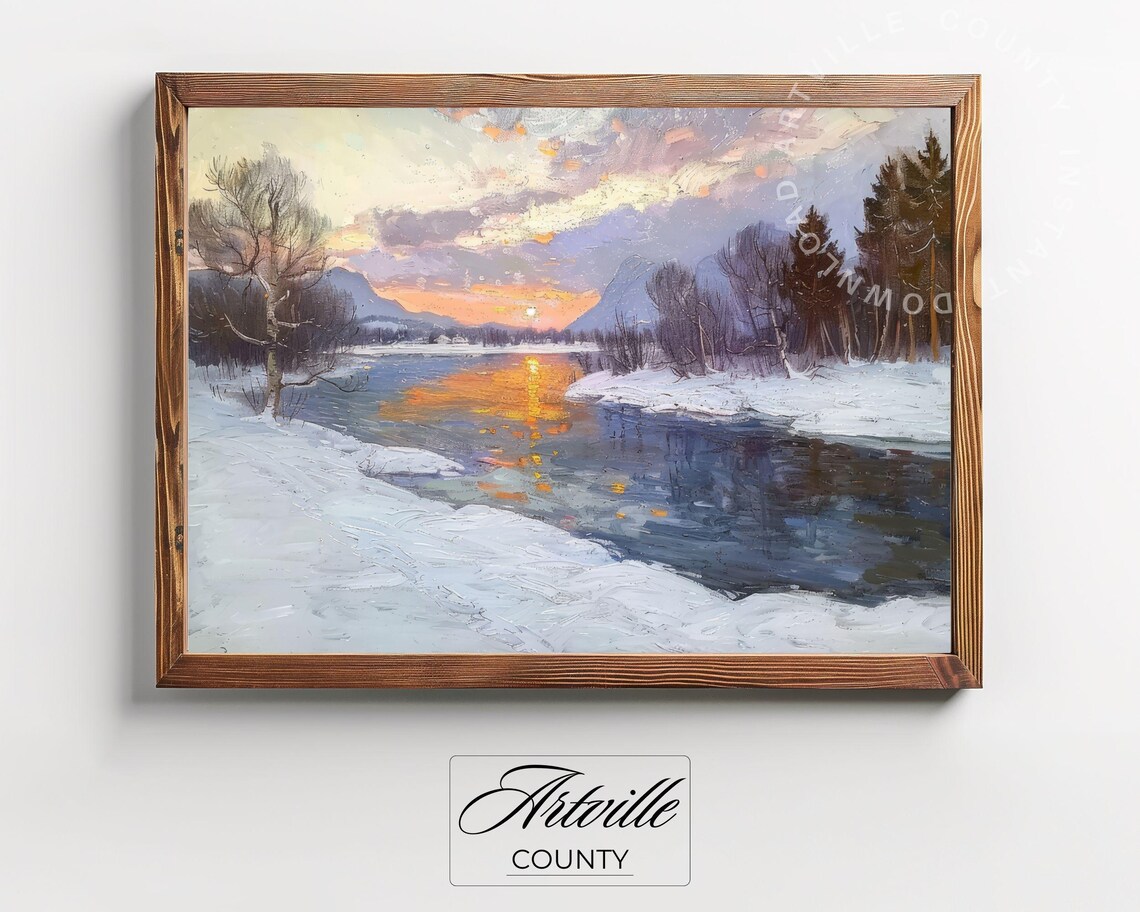 Winter Sunset Over Frozen River with Snowy Banks Landscape Poster - Image 2