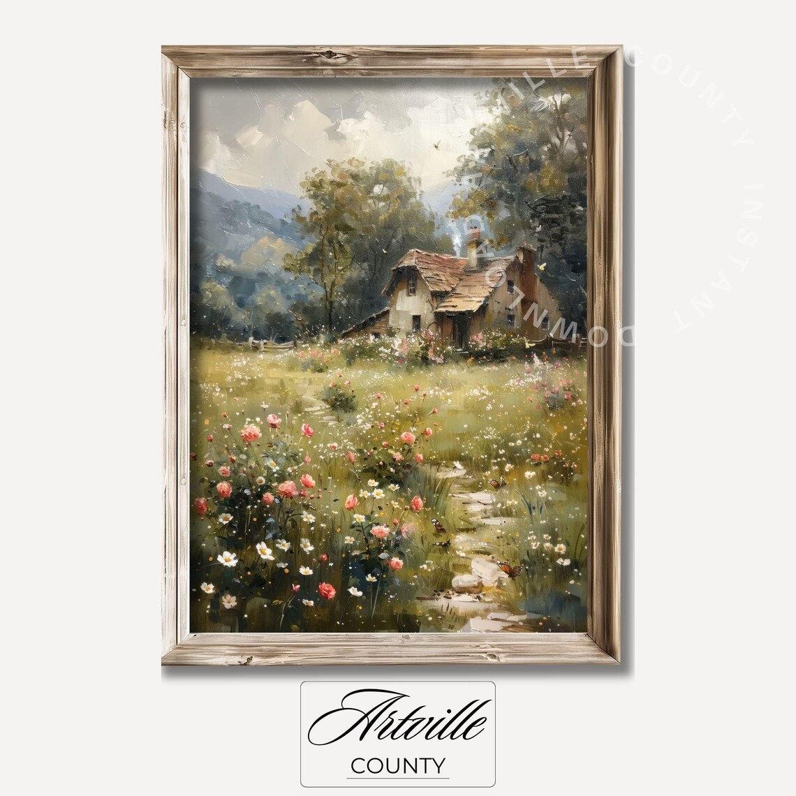 Wildflower Field Landscape, Vintage Cottage Art Print