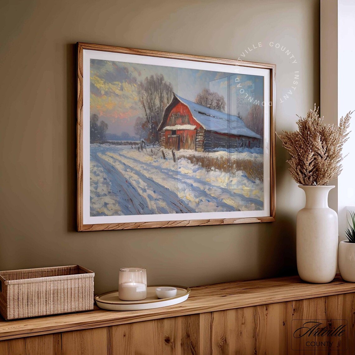 Winter Barn Painting, Vintage Countryside Art Print