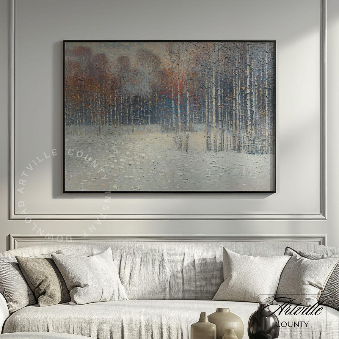 Snowy Birch Forest in Winter Abstract Textured Landscape Poster - Image 2