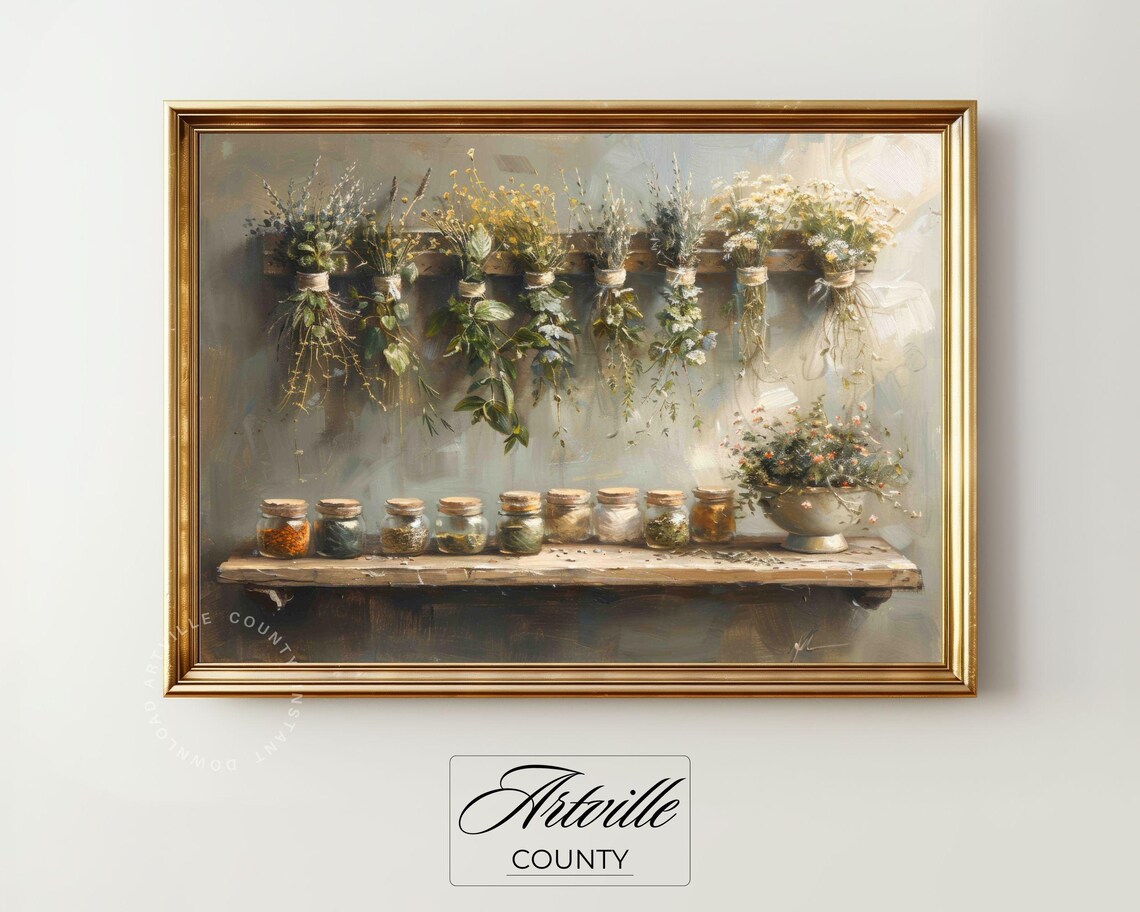 Vintage Dried Herbs Still Life Art Print, Rustic Kitchen - Image 2