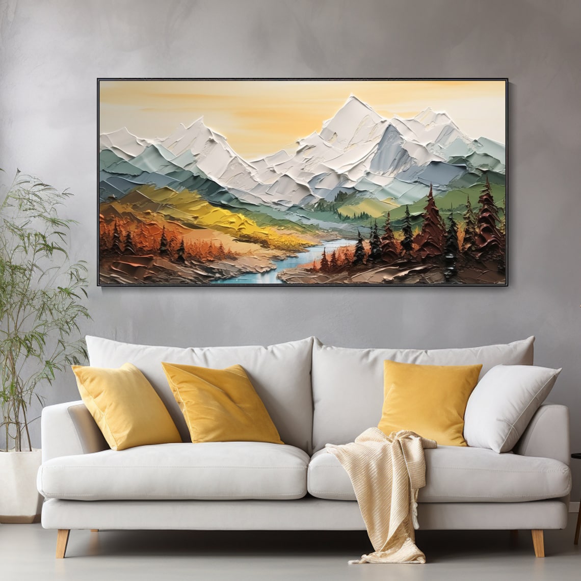 Palette Knife Snowy Mountains Landscape Oil Painting - Image 3