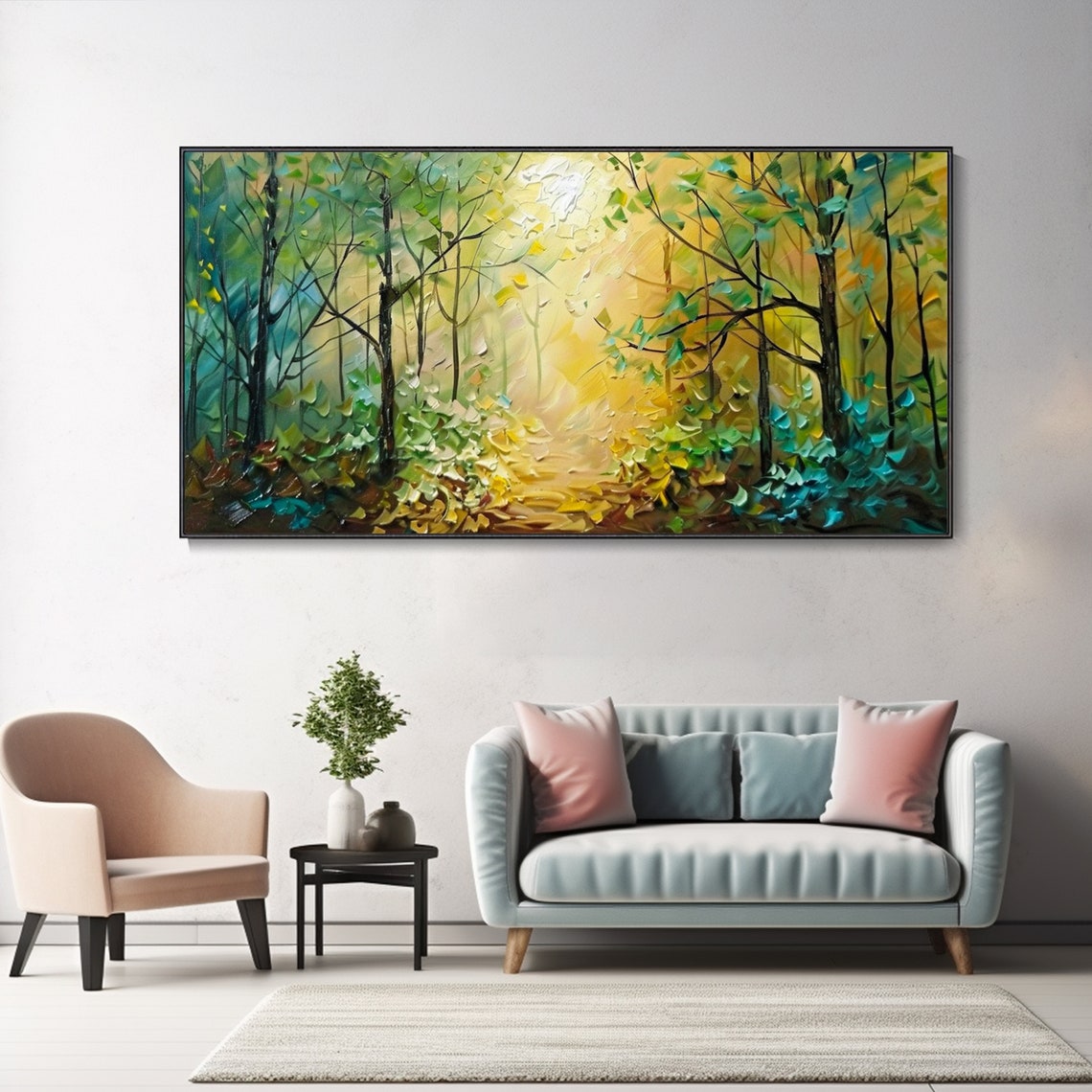 Golden Forest Path Sunlit Trees Textured Oil Painting Wall Art - Image 2