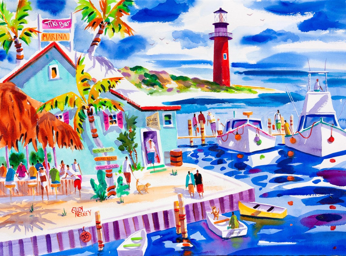 Jupiter Lighthouse Marina with Tiki Bar and Fishing Boats Poster