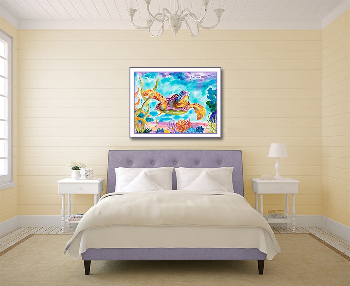 Colorful Sea Turtle Swimming Over a Coral Reef Watercolor Poster - Image 3