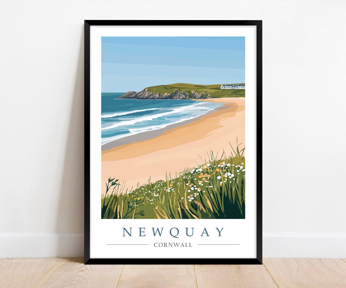 Newquay Cornwall Golden Sandy Beach with Grassy Dunes Poster