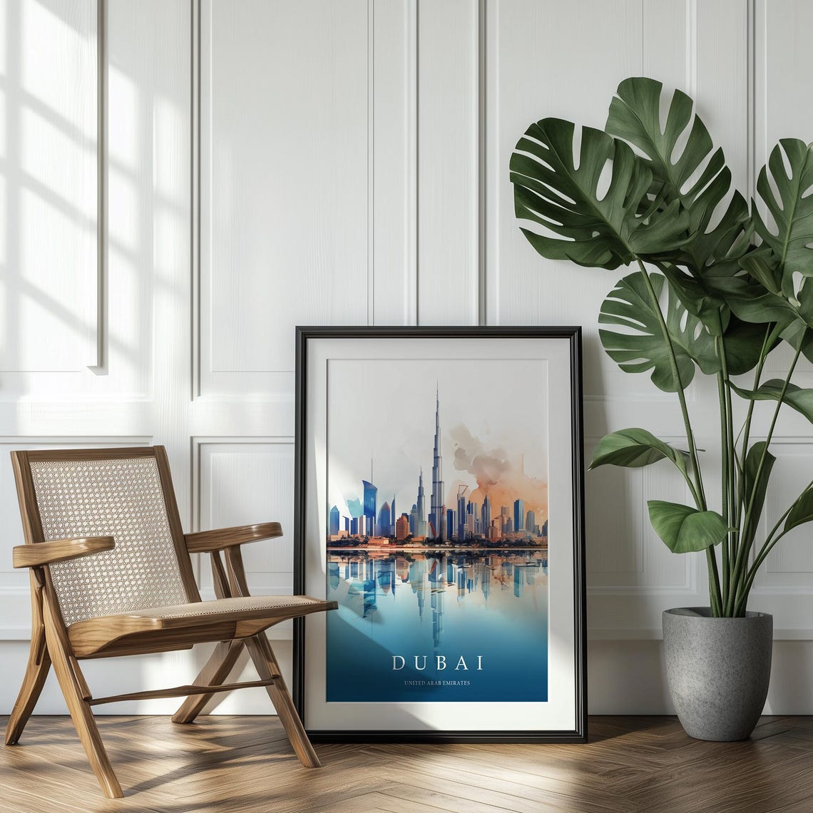Dubai Skyline with Burj Khalifa Watercolor Sunset Travel Poster - Image 2