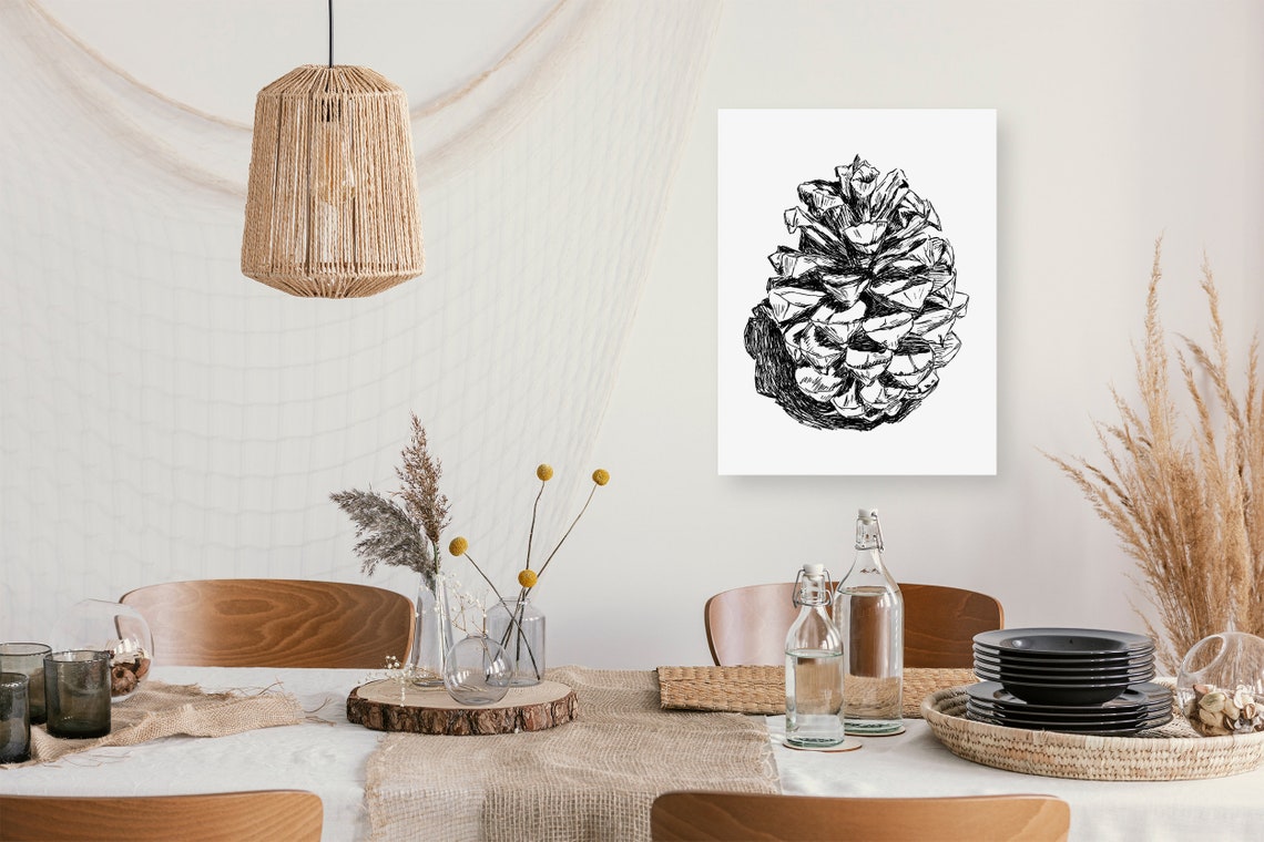 Pinecone Botanical Ink Sketch Black White Nature Line Art Print