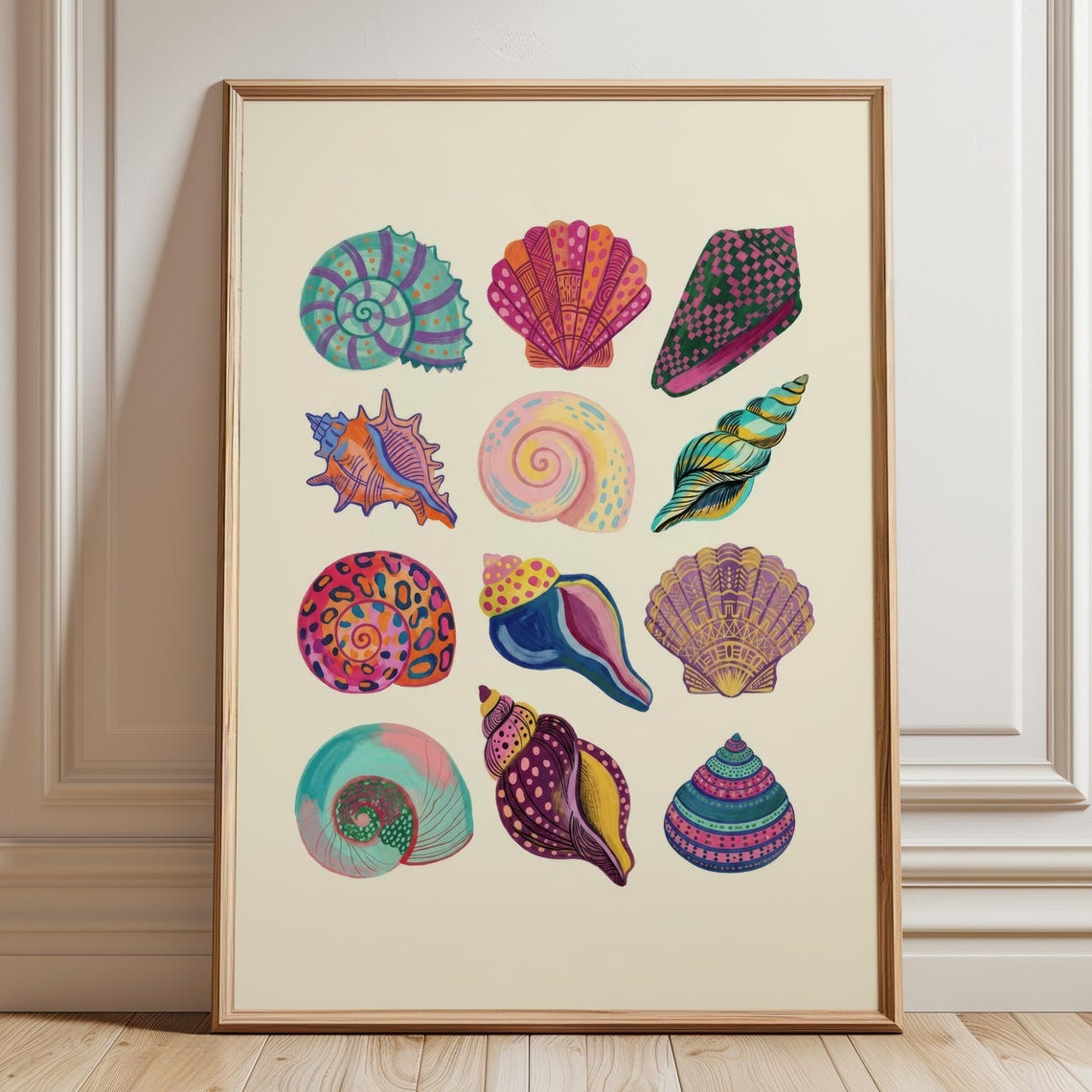 Colorful Folk Art Seashells Coastal Bathroom Beach Decor Poster