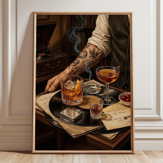 Tattooed Bartender Cocktails on Vinyl Moody Noir Cocktail Bar Art Poster