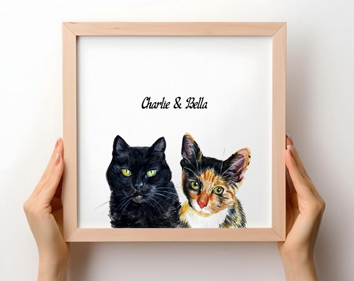 Two Cat Portrait Pet Memorial Gift, Art Print