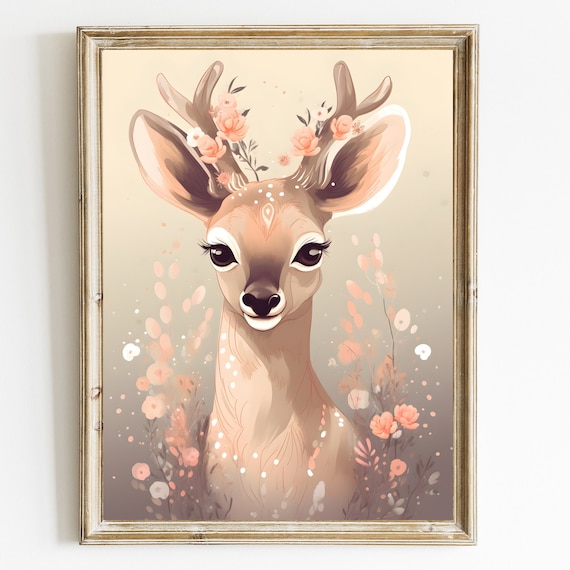 Sweet Baby Fawn with Pink Floral Antlers Nursery Animal Poster