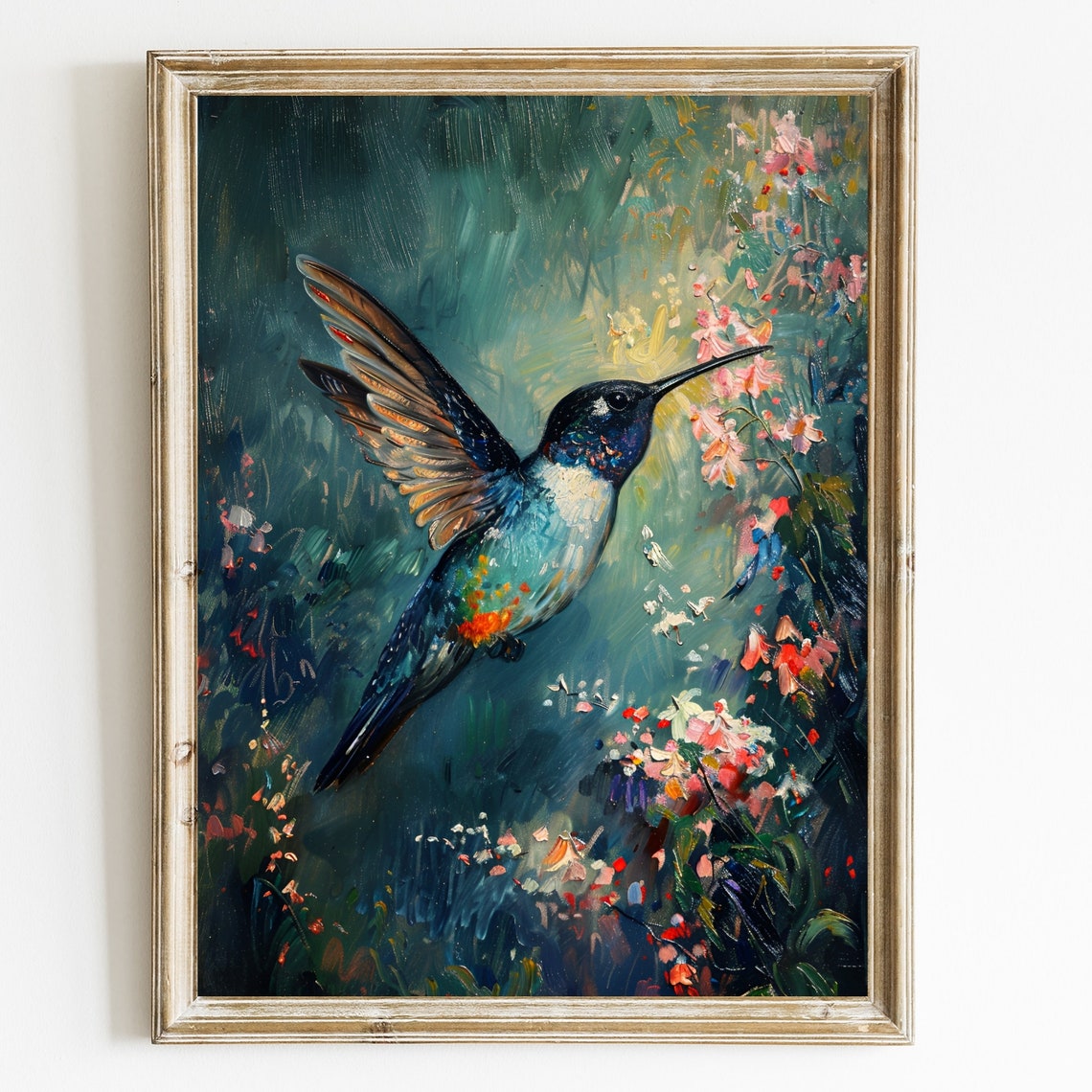 Colorful Hummingbird In Blooming Garden Impressionist Art Poster