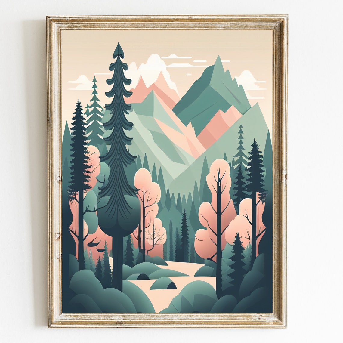 Pine Forest Mountain Valley Modern Flat Illustration Nature Poster