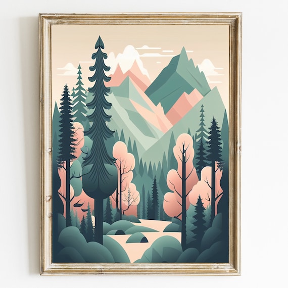 Pine Forest Mountain Valley Modern Flat Illustration Nature Poster