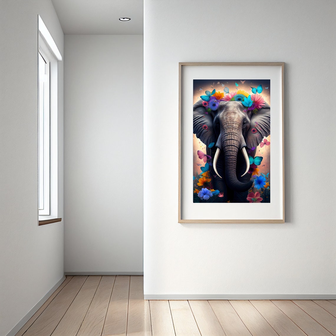 Elephant Flower Crown Butterflies Colorful Animal Portrait Poster - Image 3