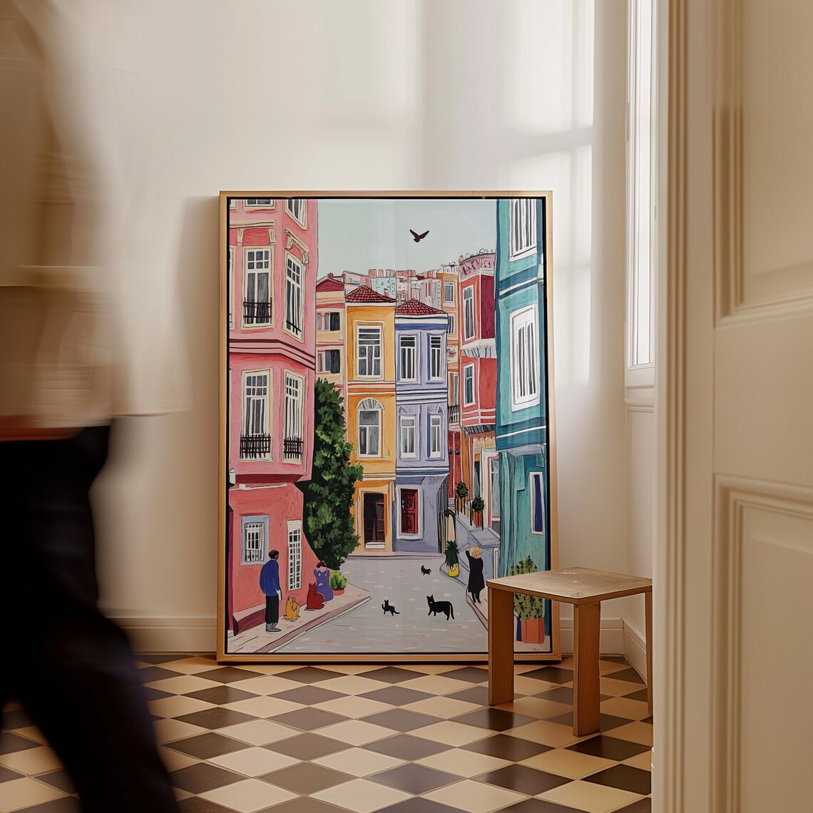 Istanbul Colorful Old Town Street Cats Watercolor Turkey Poster - Image 4