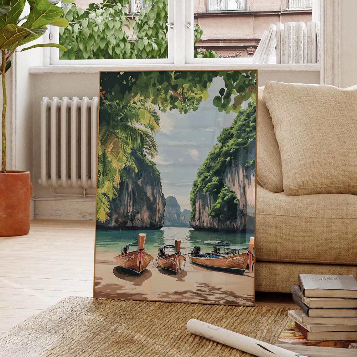 Thailand Phi Phi Island Longtail Boats Limestone Cliffs Beach Poster