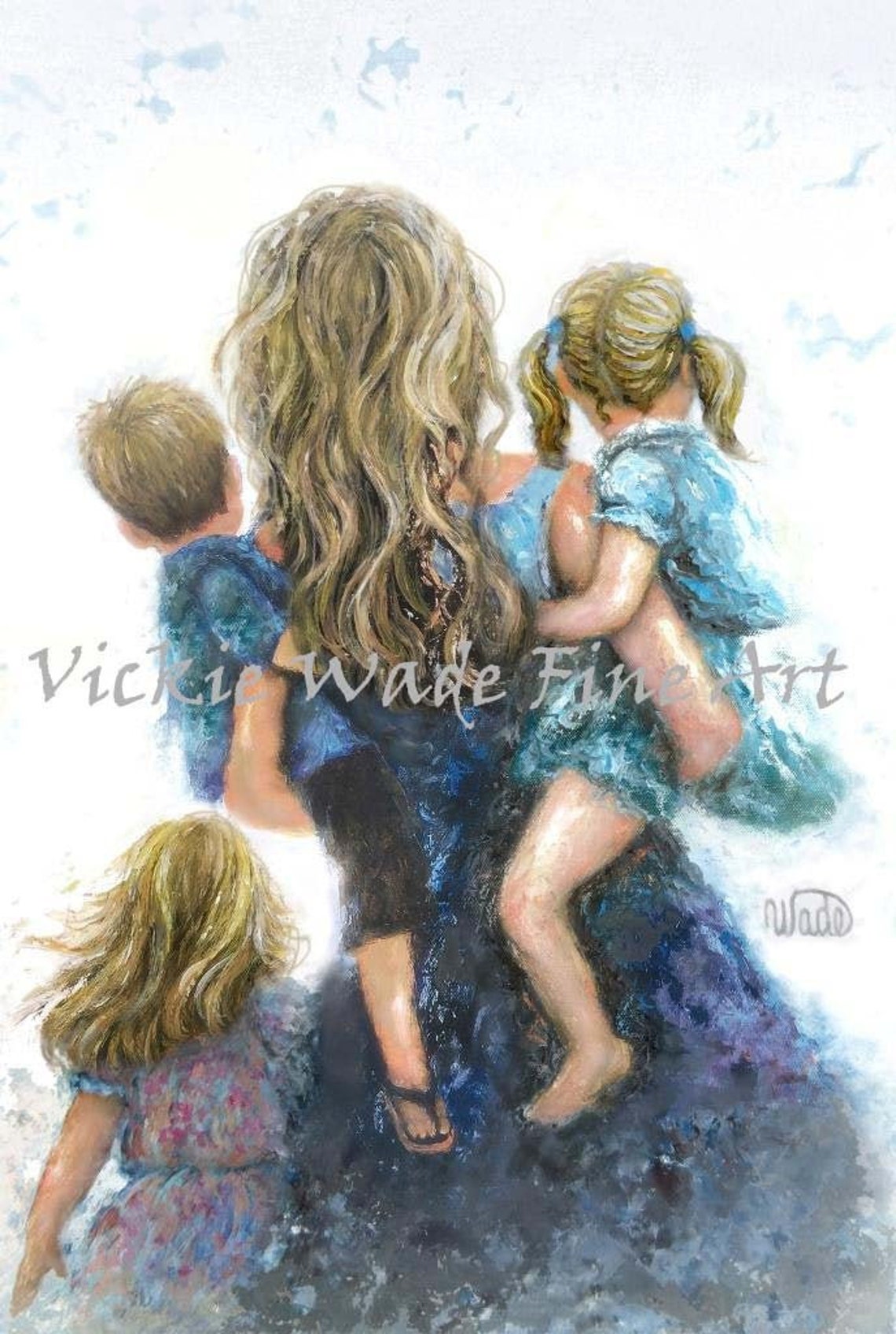 Mother Two Daughters And Son Art Print Mom Two Girls Little Boy Two Sisters Little Brother Mother Carrying Children Vickie Wade Art