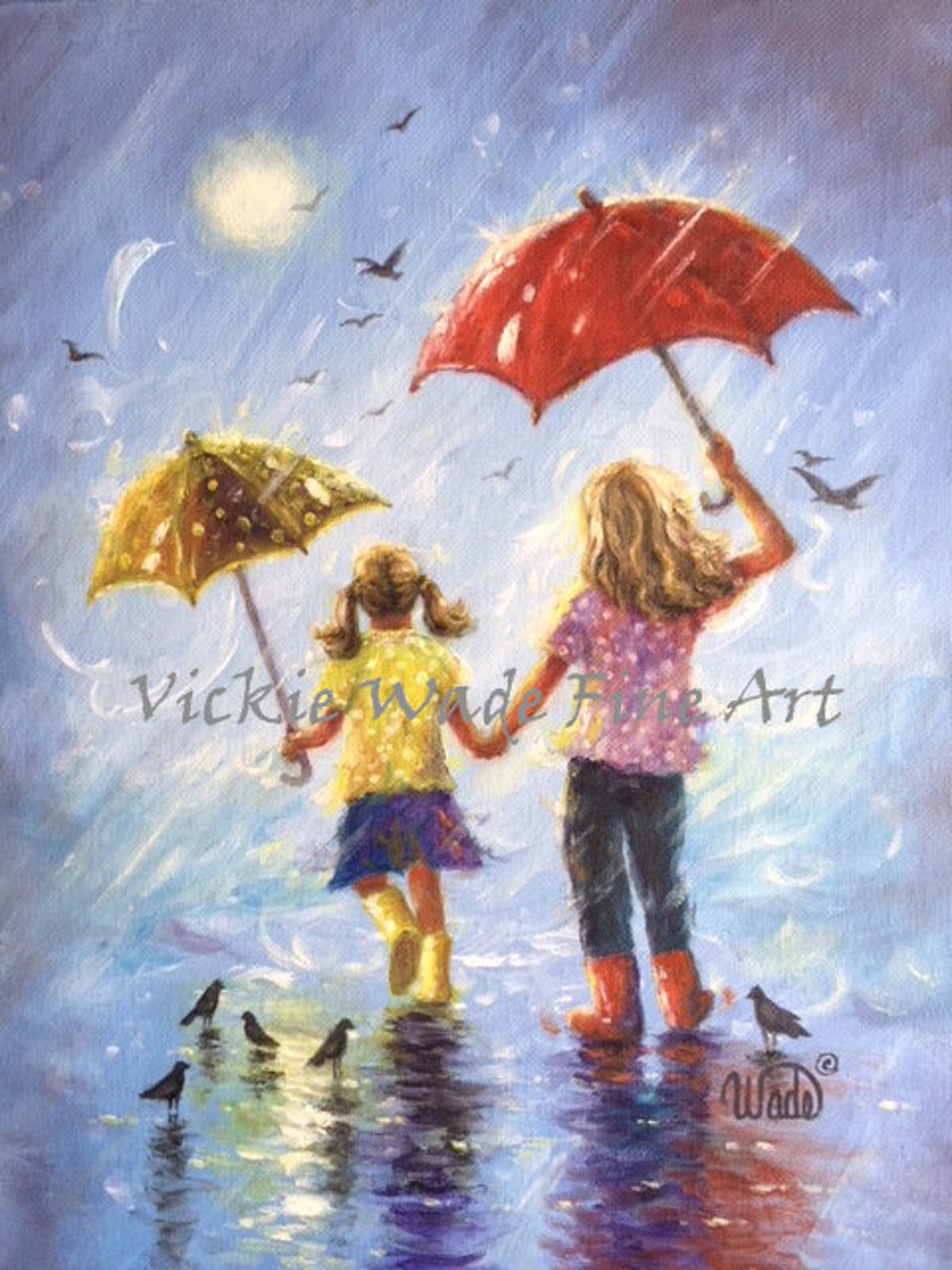 Sisters Art Print Two Sisters Wall Art Girls Room Wall Art Two Blonde Sisters Sister Gift Blonde Rain Girls Umbrellas Vickie Wade Art